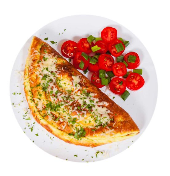 omelette with cheese and salad in a plate. top view. isolated on white